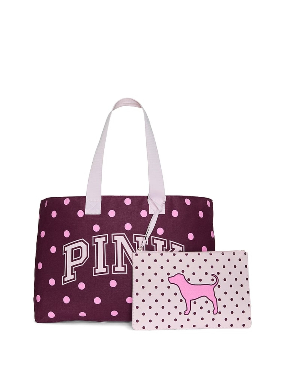 PINK Victoria's Secret Polka Dot Canvas Tote Bag & Wristlet Pouch Set in Maroon